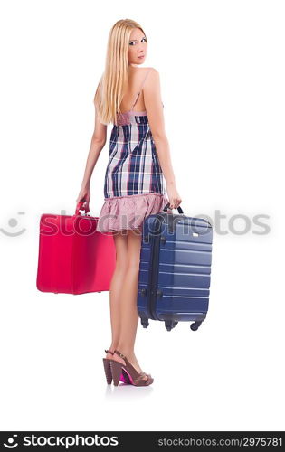 Woman preparing for vacation with suitcase on white