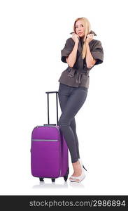 Woman preparing for vacation with suitcase on white