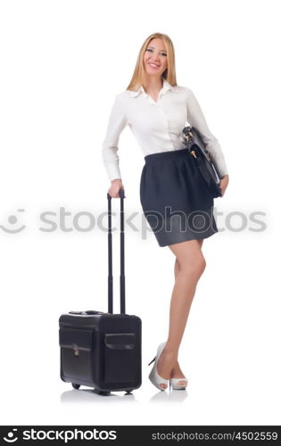 Woman preparing for vacation with suitcase on white