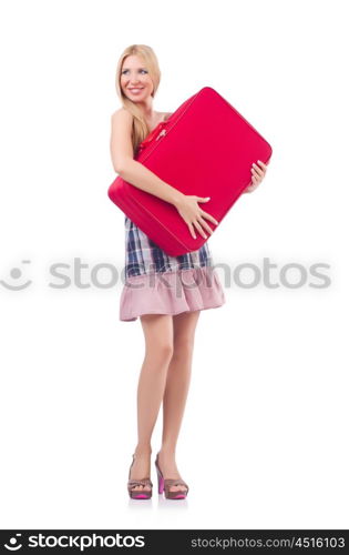 Woman preparing for vacation with suitcase on white