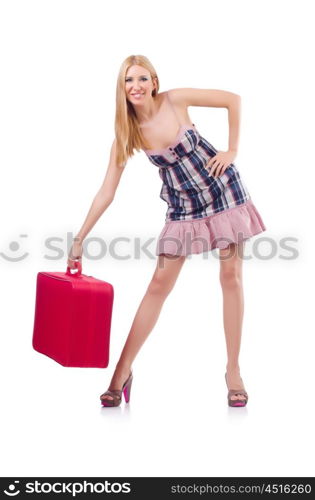 Woman preparing for vacation with suitcase on white