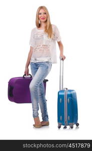 Woman preparing for vacation with suitcase on white