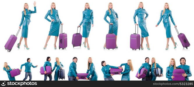 Woman preparing for vacation with suitcase on white