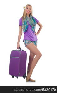 Woman preparing for vacation with suitcase on white