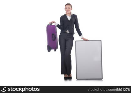 Woman preparing for vacation with suitcase on white