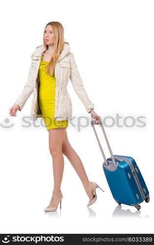 Woman preparing for vacation with suitcase on white