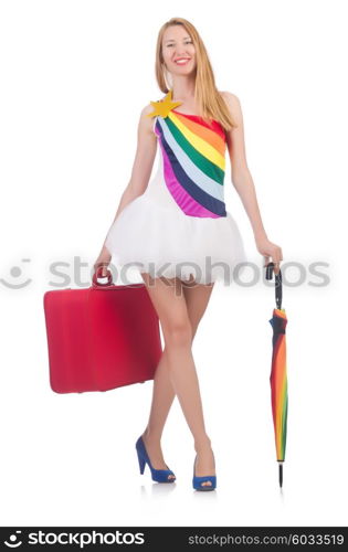 Woman preparing for vacation with suitcase on white