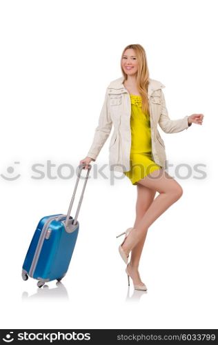 Woman preparing for vacation with suitcase on white