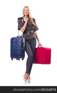 Woman preparing for vacation with suitcase on white