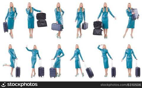 Woman preparing for vacation with suitcase on white