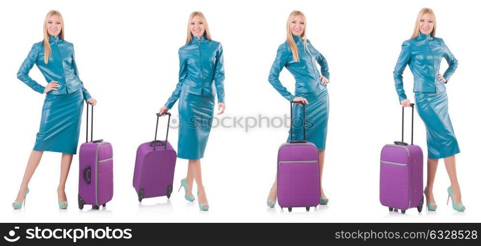 Woman preparing for vacation with suitcase on white. The woman preparing for vacation with suitcase on white