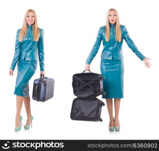 Woman preparing for vacation with suitcase on white