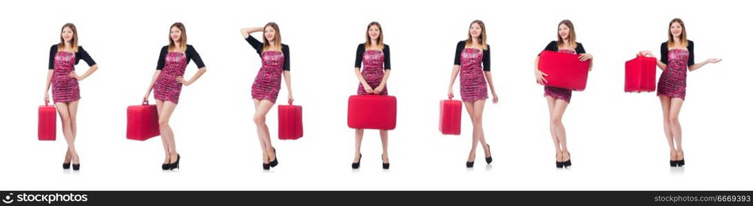 Woman preparing for vacation with suitcase on white