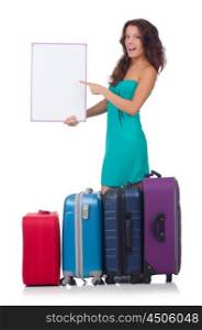 Woman preparing for vacation with suitcases and blank board isolated on white
