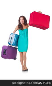 Woman preparing for vacation with suitcases isolated on white