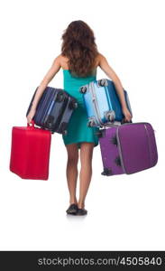 Woman preparing for vacation with suitcases isolated on white