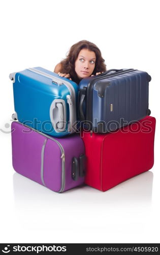 Woman preparing for vacation with suitcases isolated on white