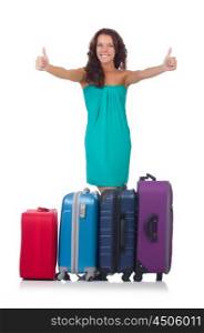 Woman preparing for vacation with suitcases isolated on white