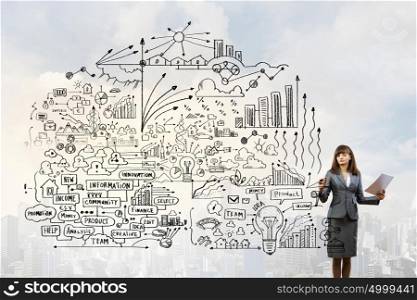 Woman presenting business plan. Young businesswoman drawing strategy plan on screen