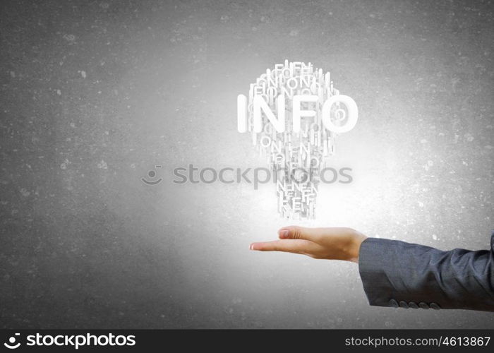 Woman presenting idea. Businesswoman holding in hand successful idea concept