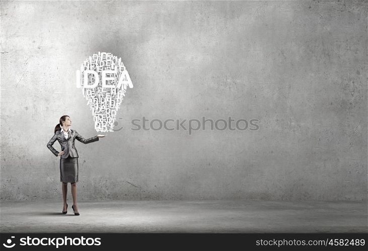 Woman presenting idea. Businesswoman holding in hands successful idea concept