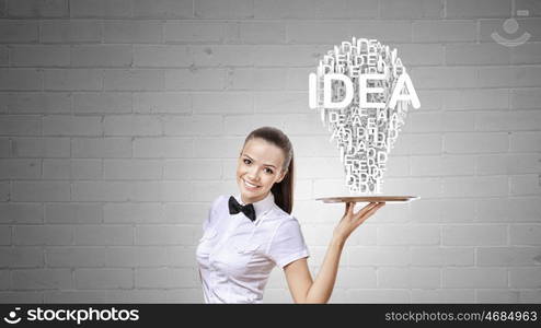 Woman presenting idea. Pretty woman holding tray with successful idea concept