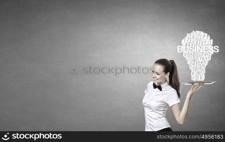 Woman presenting idea. Pretty woman holding tray with successful idea concept