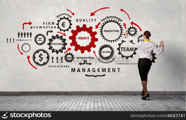 Woman presenting teamwork concept. Back view of businesswoman draw gears mechanism on wall