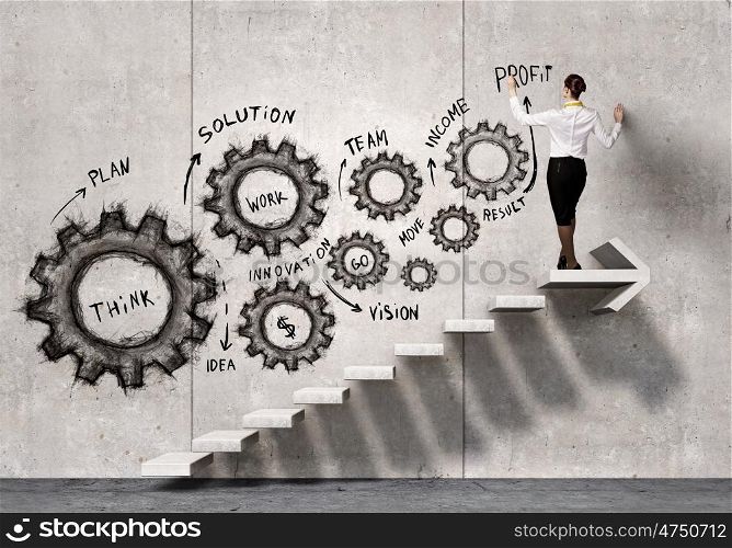 Woman presenting teamwork concept. Back view of businesswoman draw gears mechanism on wall