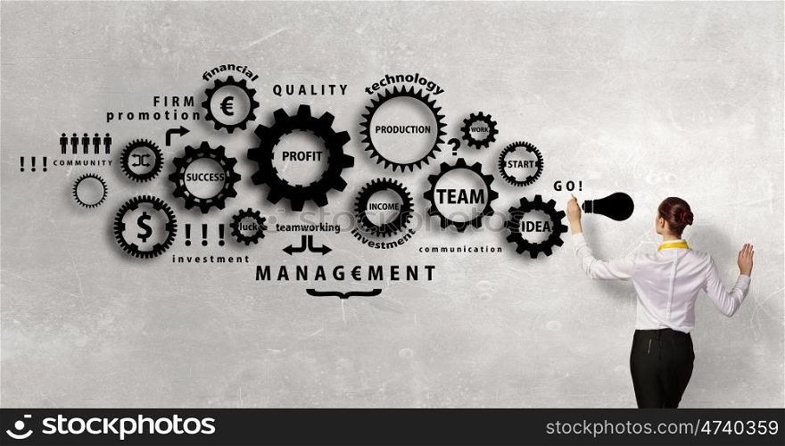 Woman presenting teamwork concept. Back view of businesswoman standing with back and drawing gears mechanism