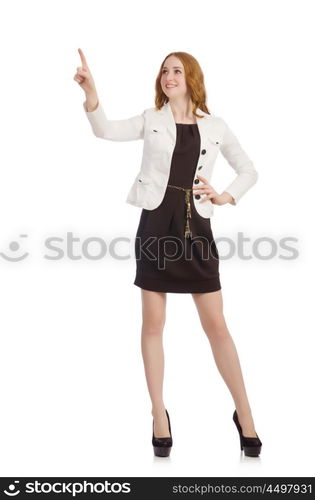 Woman pressing virtual button isolated on white