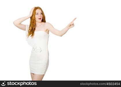 Woman pressing virtual button isolated on white