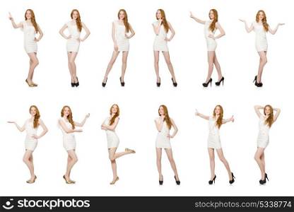 Woman pressing virtual button isolated on white