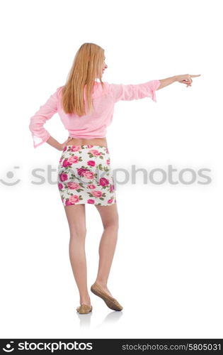 Woman pressing virtual button isolated on white