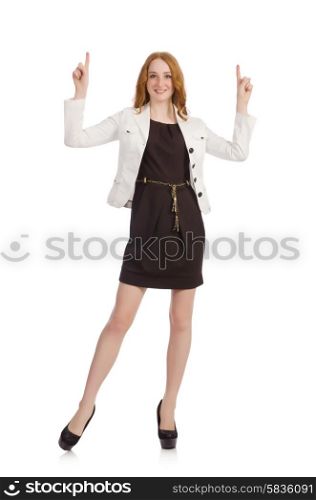 Woman pressing virtual button isolated on white
