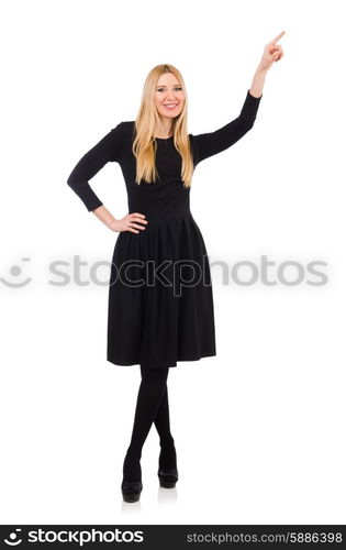 Woman pressing virtual button isolated on white