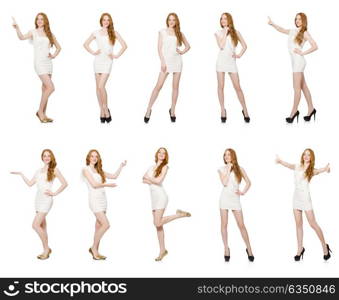 Woman pressing virtual button isolated on white