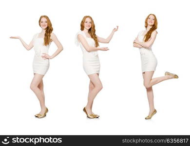 Woman pressing virtual button isolated on white