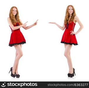 Woman pressing virtual button isolated on white