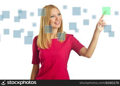 Woman pressing virtual buttons on white