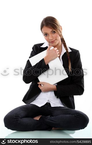 Woman protecting her laptop