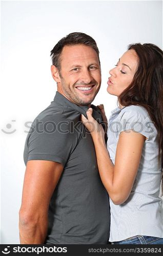 Woman pulling on her boyfriend neck