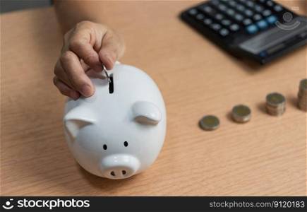 woman putting coin into piggy bank and saving money for future plan and retirement fund earning money or investment or tax for business concept.