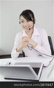 Woman putting on a headset