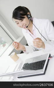 Woman putting on a headset