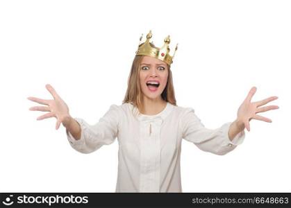 Woman queen wearing crown isolated on white