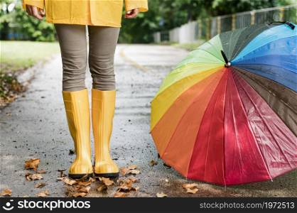 woman rain boots standing colorful umbrella. High resolution photo. woman rain boots standing colorful umbrella. High quality photo