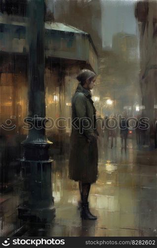 Woman rain city sad night. Watercolor style. Fictional person. Generate Ai. Woman rain city sad night. Generate Ai