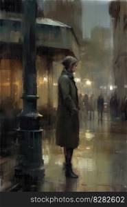 Woman rain city sad night. Watercolor style. Fictional person. Generate Ai. Woman rain city sad night. Generate Ai