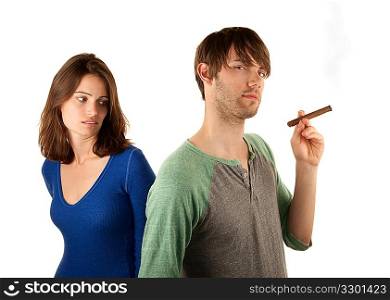 Woman reacts to man with cigar
